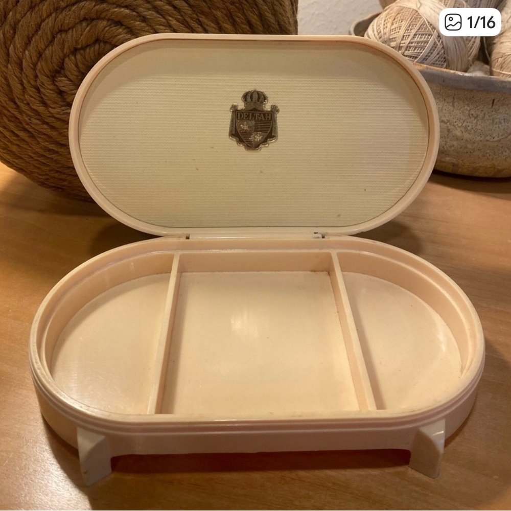 Vintage Deltah Oval Celluloid Jewelry Box with Compartments